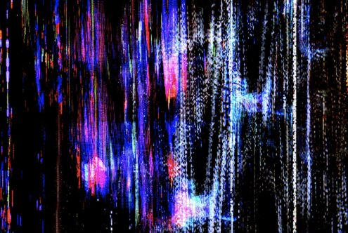 Vertical digital glitch pattern with pink blue white streaks on black