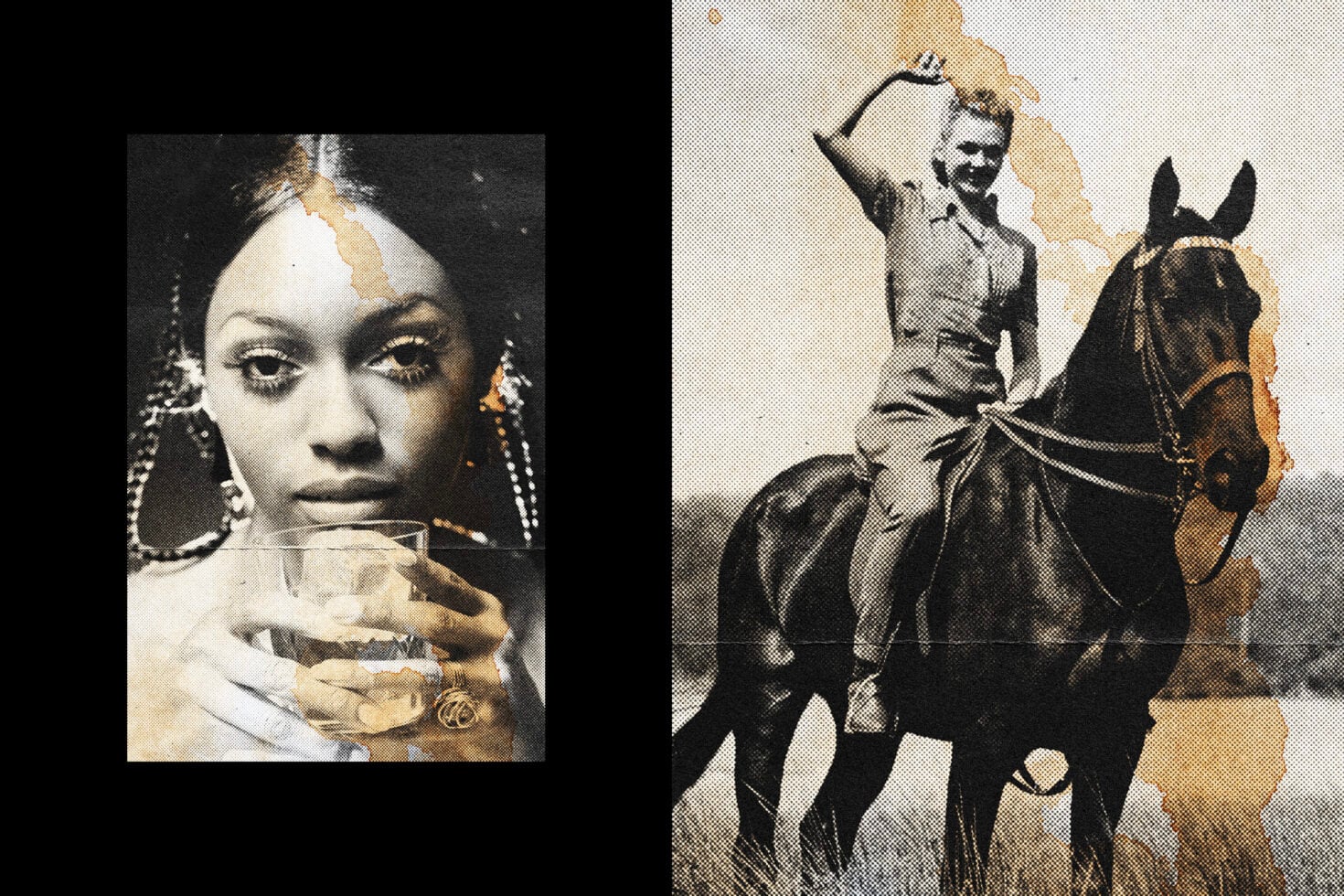 Two black-white vintage portraits with gold watercolor stains on dark background