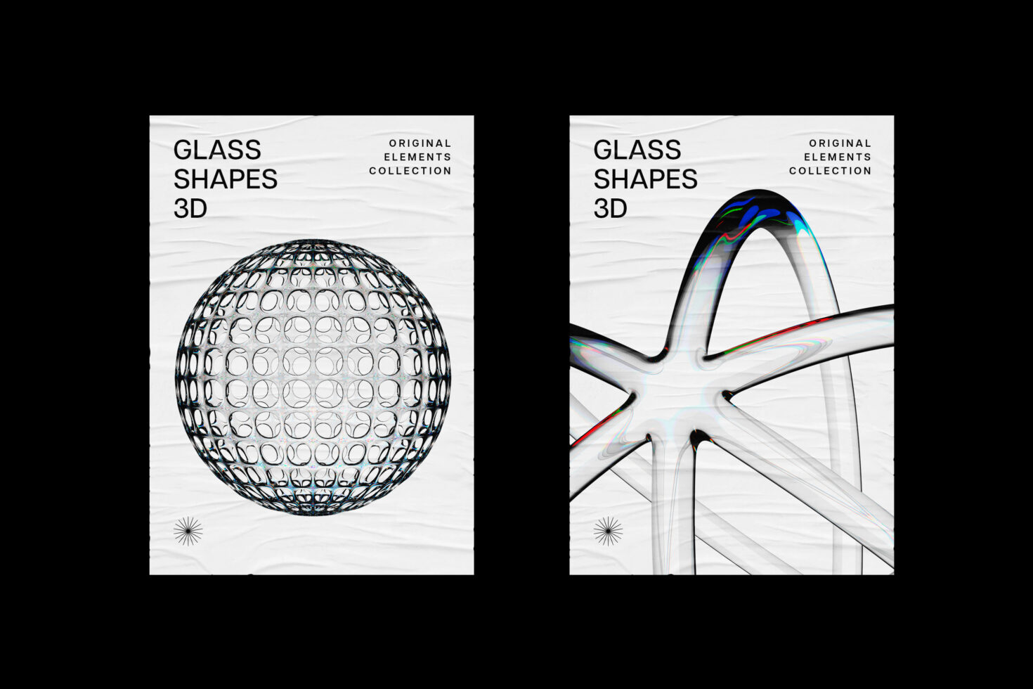 Glass Shapes 3D collection poster with gridded sphere on left, iridescent star on right