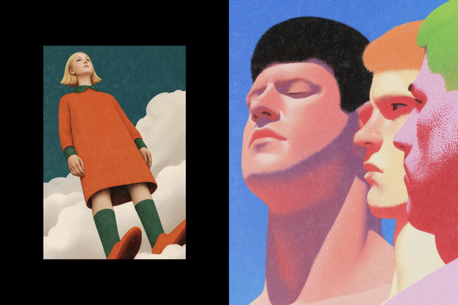 Woman in orange sweater with green socks standing among clouds looking up
