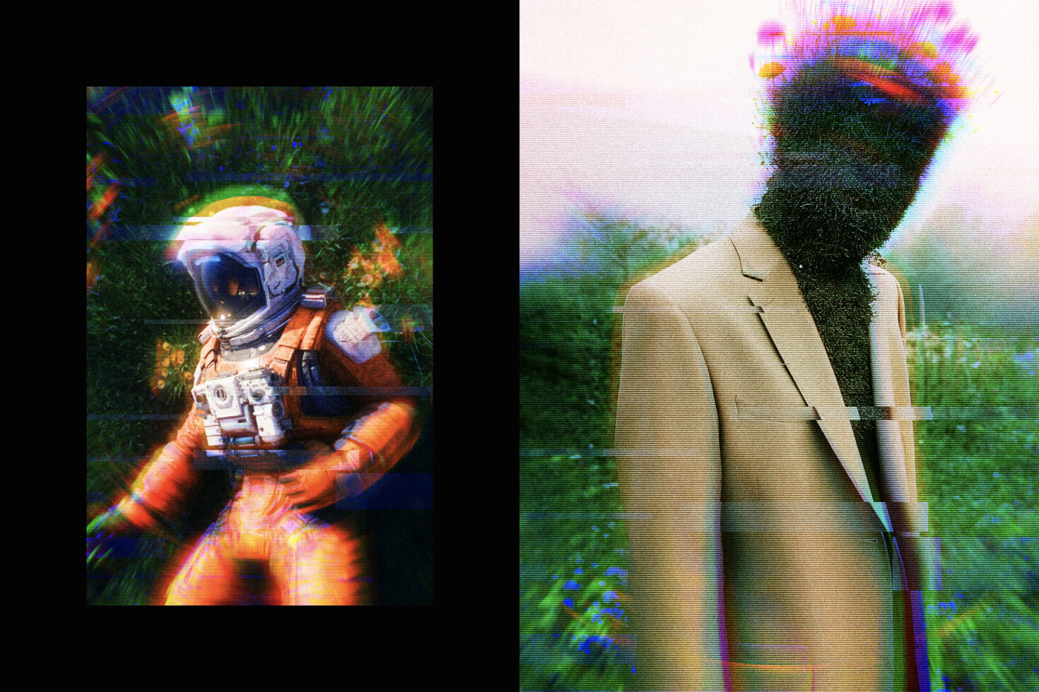 Astronaut in jungle, person in blazer with glitch head effect side by side