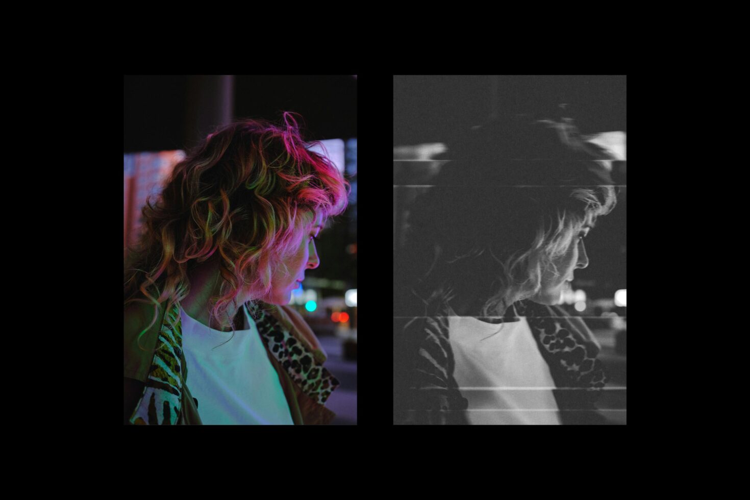 Side by side neon lit curly hair portrait color left, grainy B&W version right