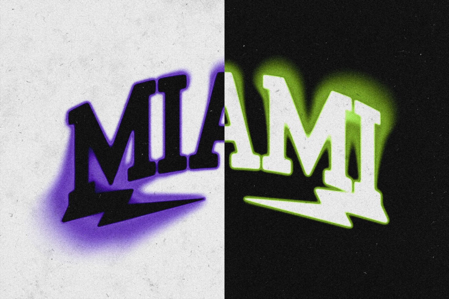 Dual color neon glow text mockup with purple on left, lime green on right side