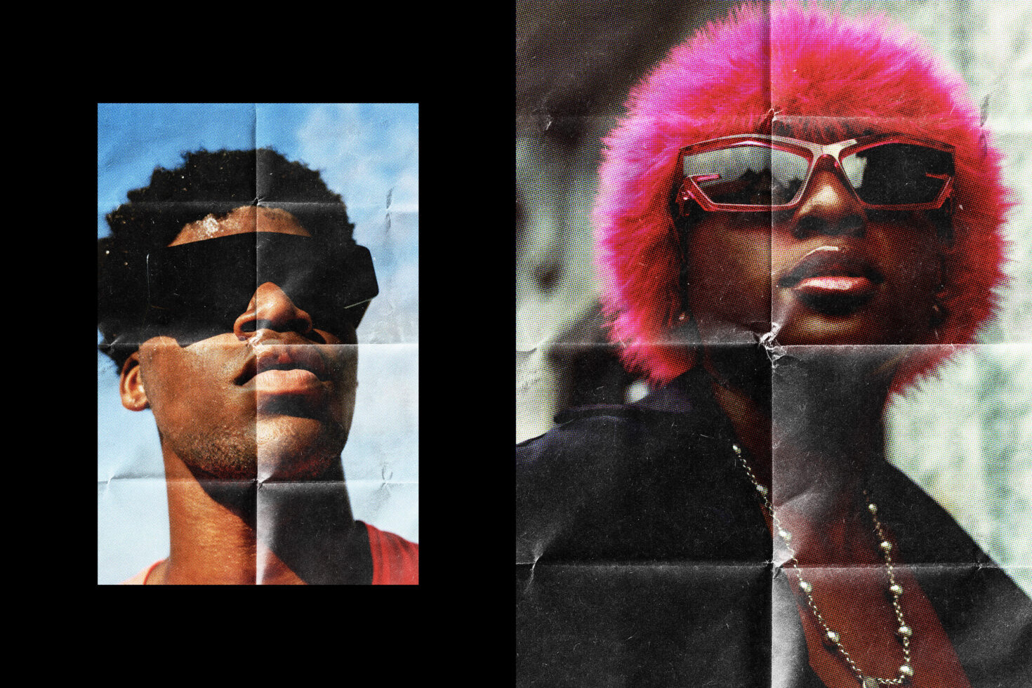 Risograph halftone portrait mockup showing pixelated faces split in two color variations