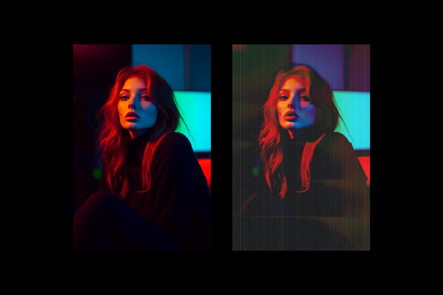 Split screen showing same woman with red neon glow cyan blue lighting effects