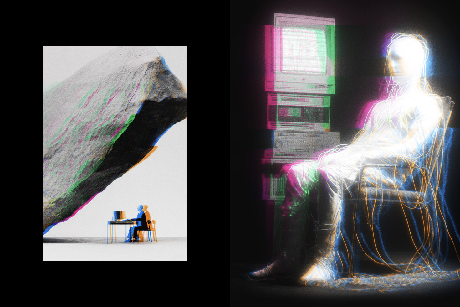 Composite mockup with laptop scene on left, person typing with glitch effect right