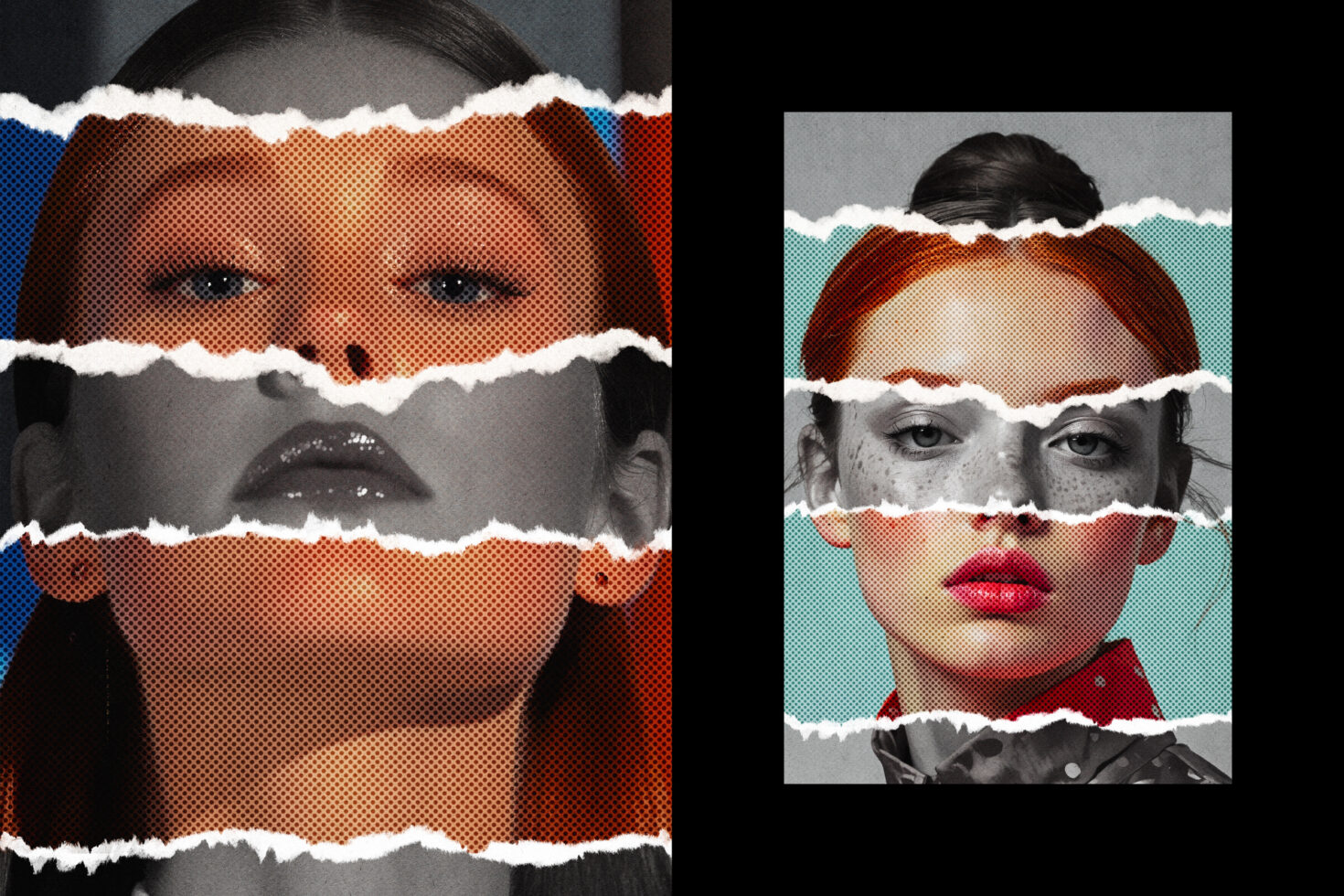Two portrait collages with ripped paper strips, halftone dots, contrasting solid colors