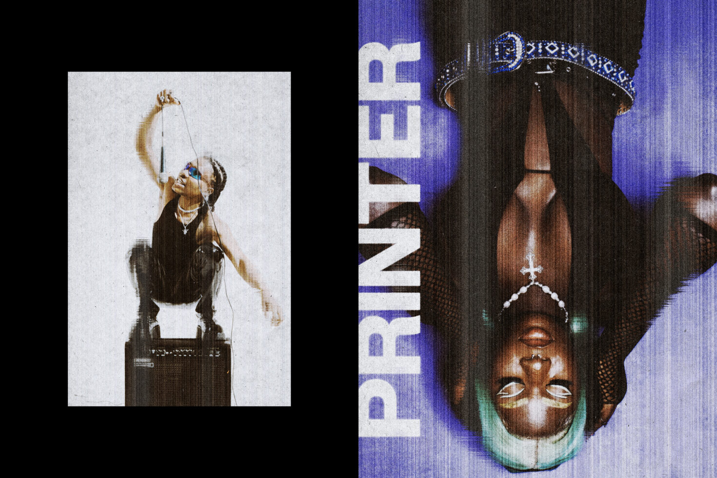 Glitchy portrait collage with purple text overlay, showing faces with geometric cutouts