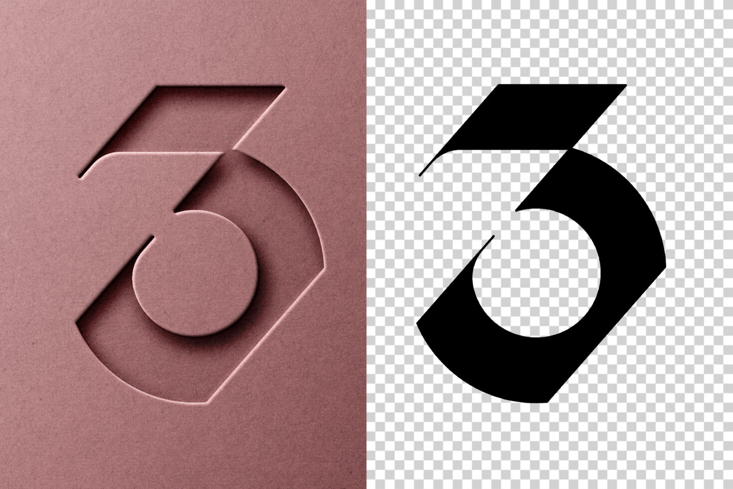 Split layout showing rose gold embossed number 5 next to black silhouette