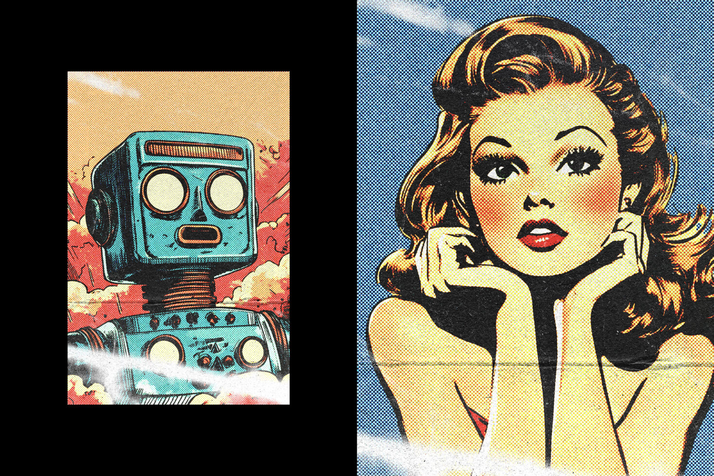 Turquoise robot head left side, woman portrait right side, comic book style