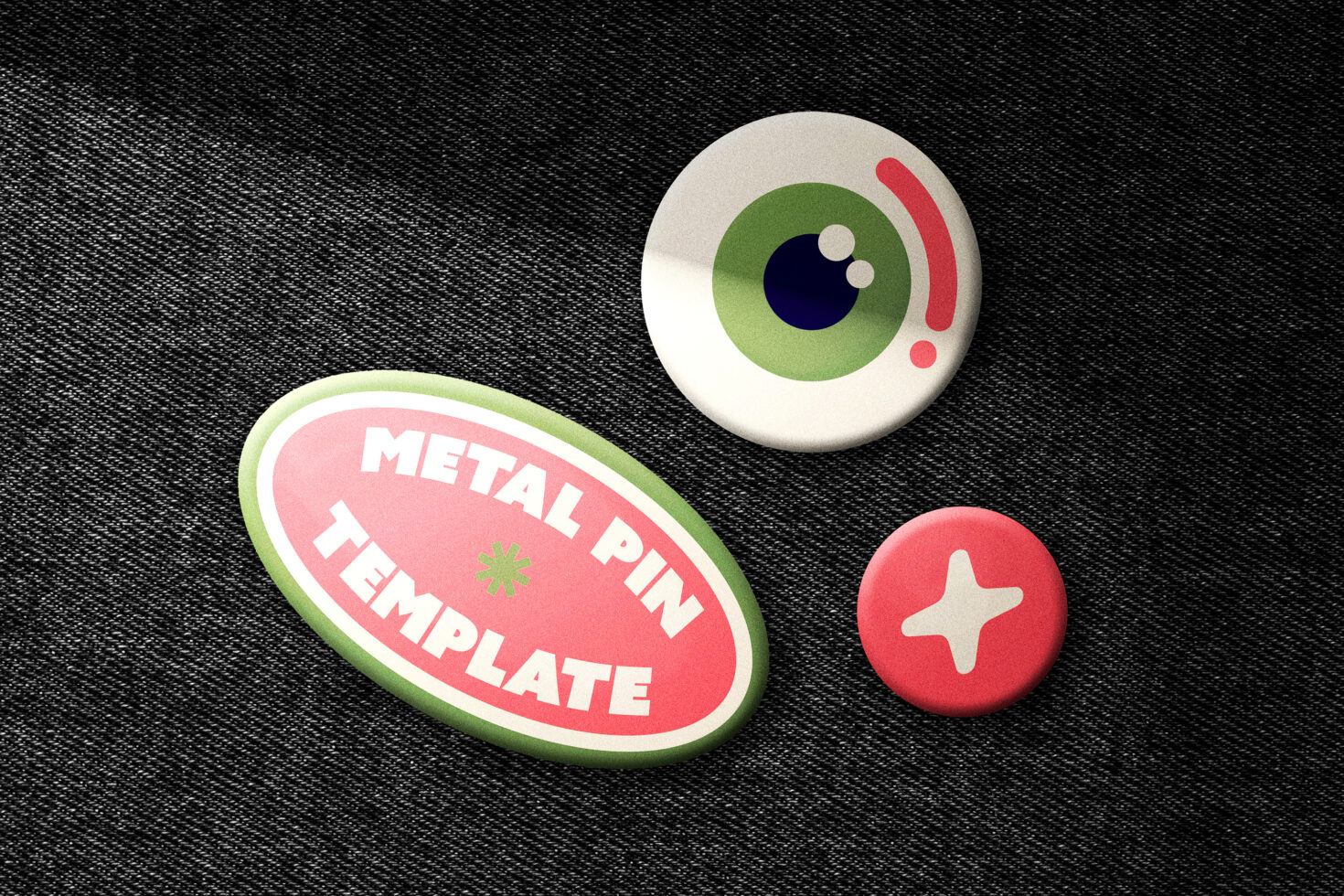 Metal pin mockup set with eye graphic, badge template on denim fabric