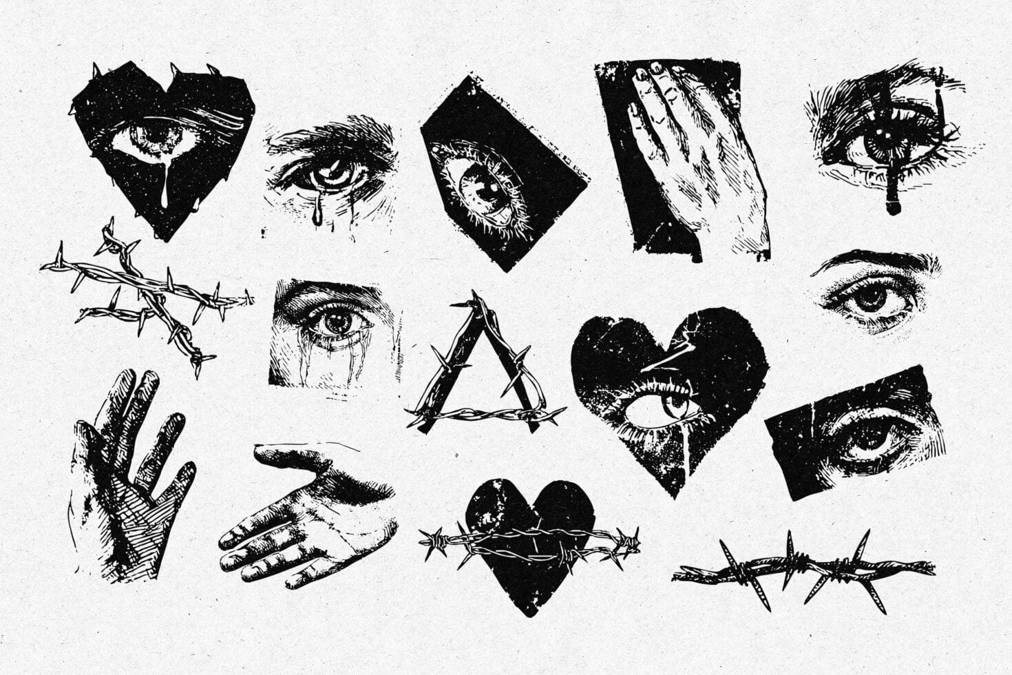 Dark gothic ink illustrations of eyes, hands, hearts, thorns, all scattered on white