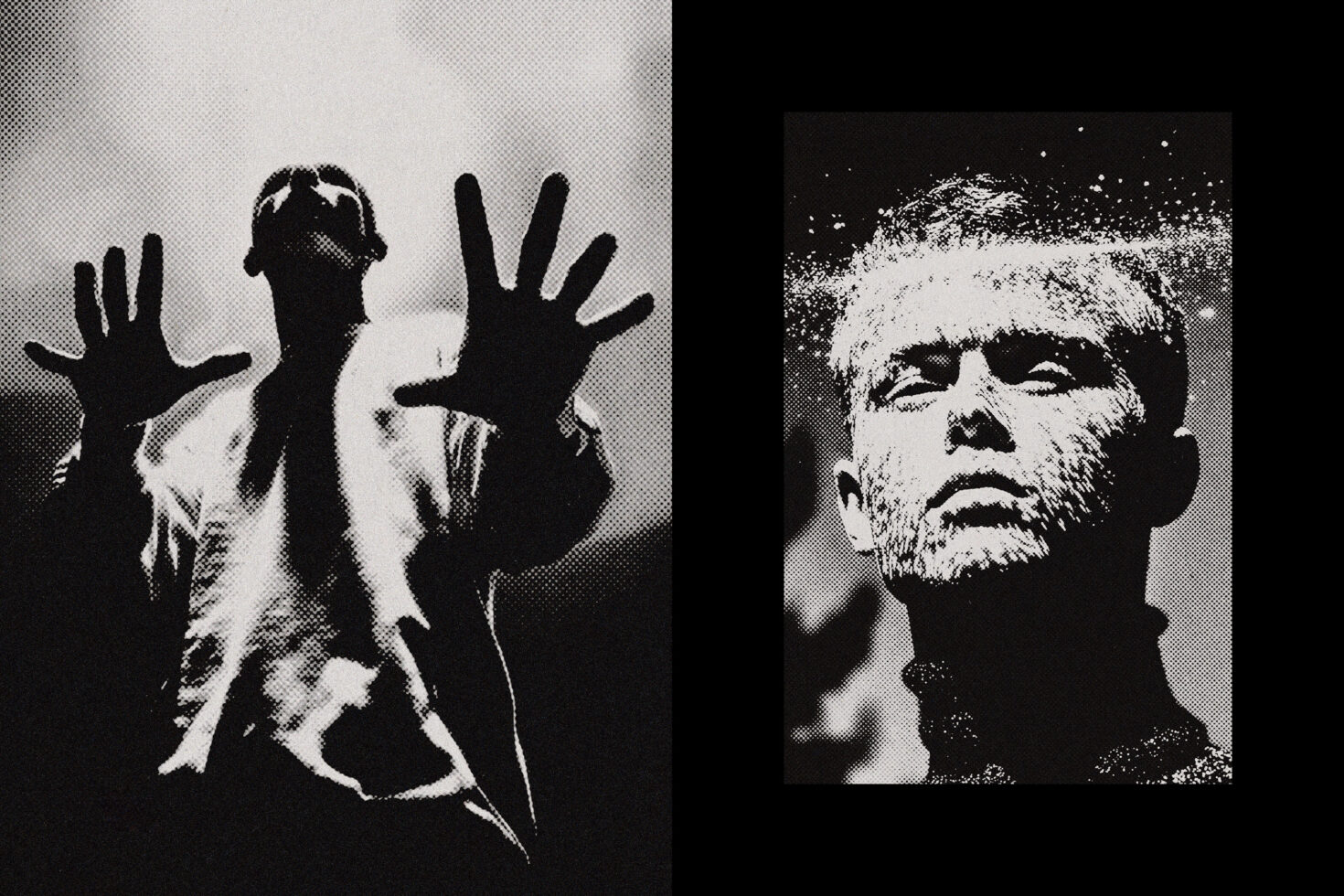 Halftone dot texture applied to dramatic black silhouette portraits