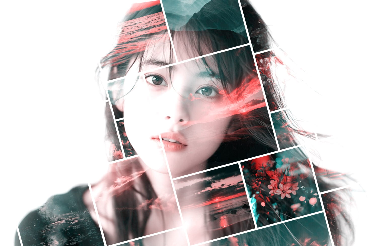 Fragmented portrait collage of woman's face blended with mountainous vista red blooms teal tones