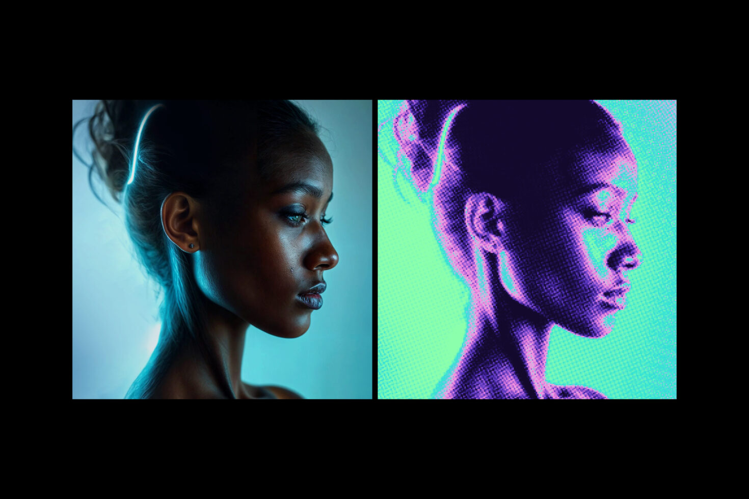 Side profile comparison of woman's face in cool blue tones versus vibrant neon halftone