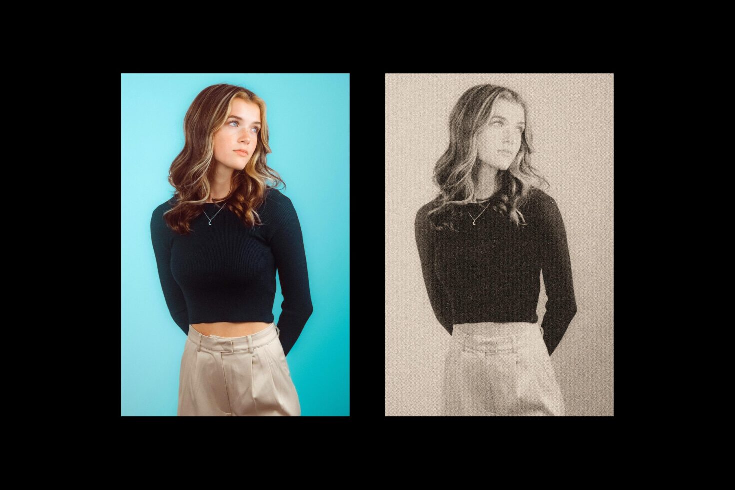 Before after mockup of woman in black crop top, bright blue background vs muted beige