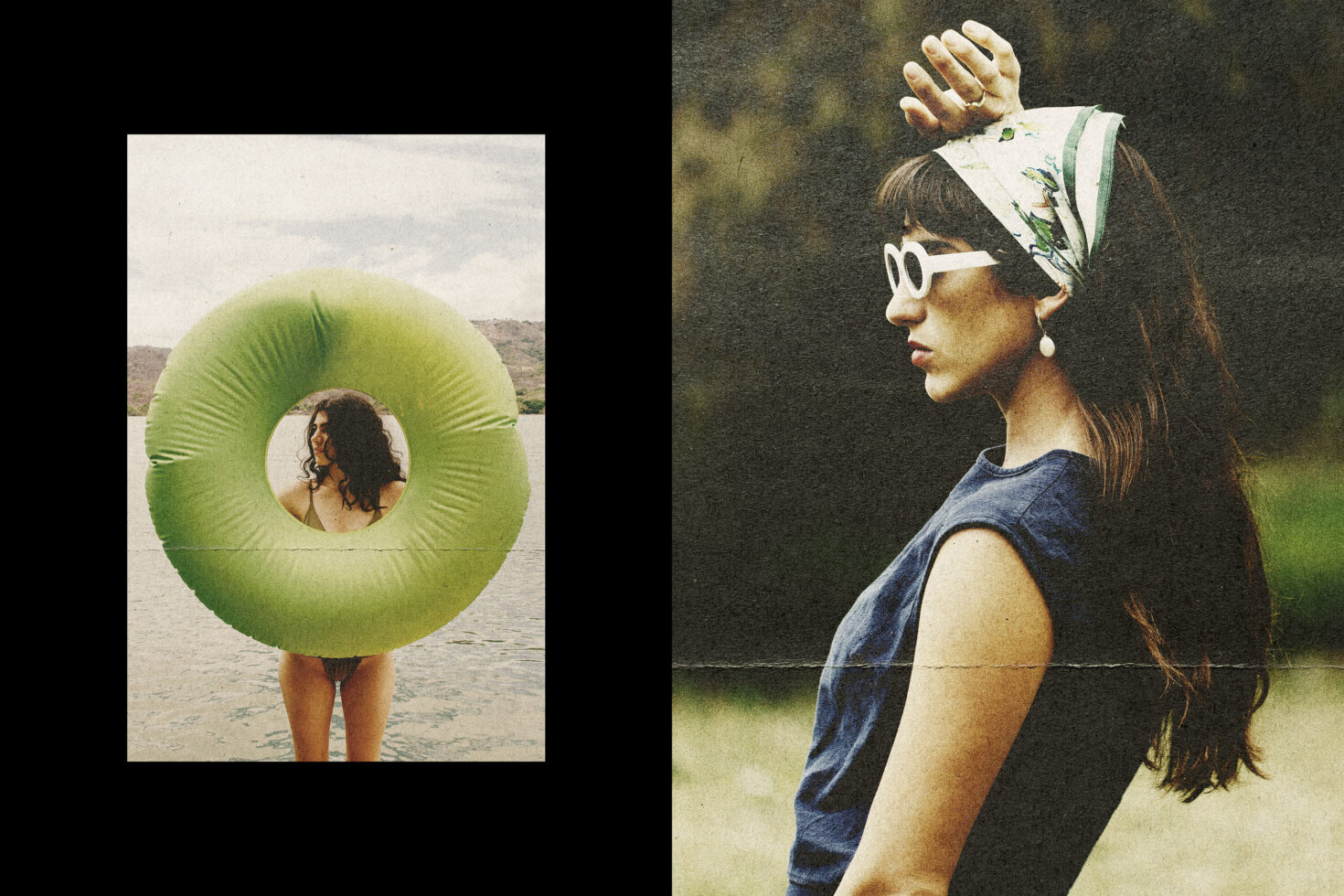 Woman with floral scarf covering face next to circular green tube frame