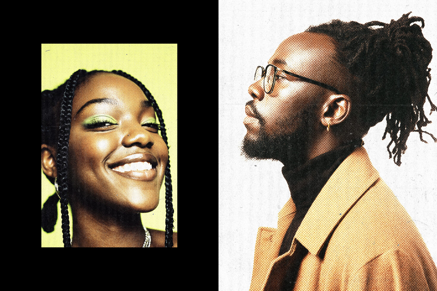 Two portrait photos with halftone dots on black divided layout