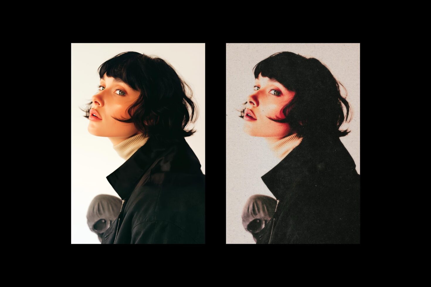 Side-by-side portrait mockups showing same woman with different color grading treatments