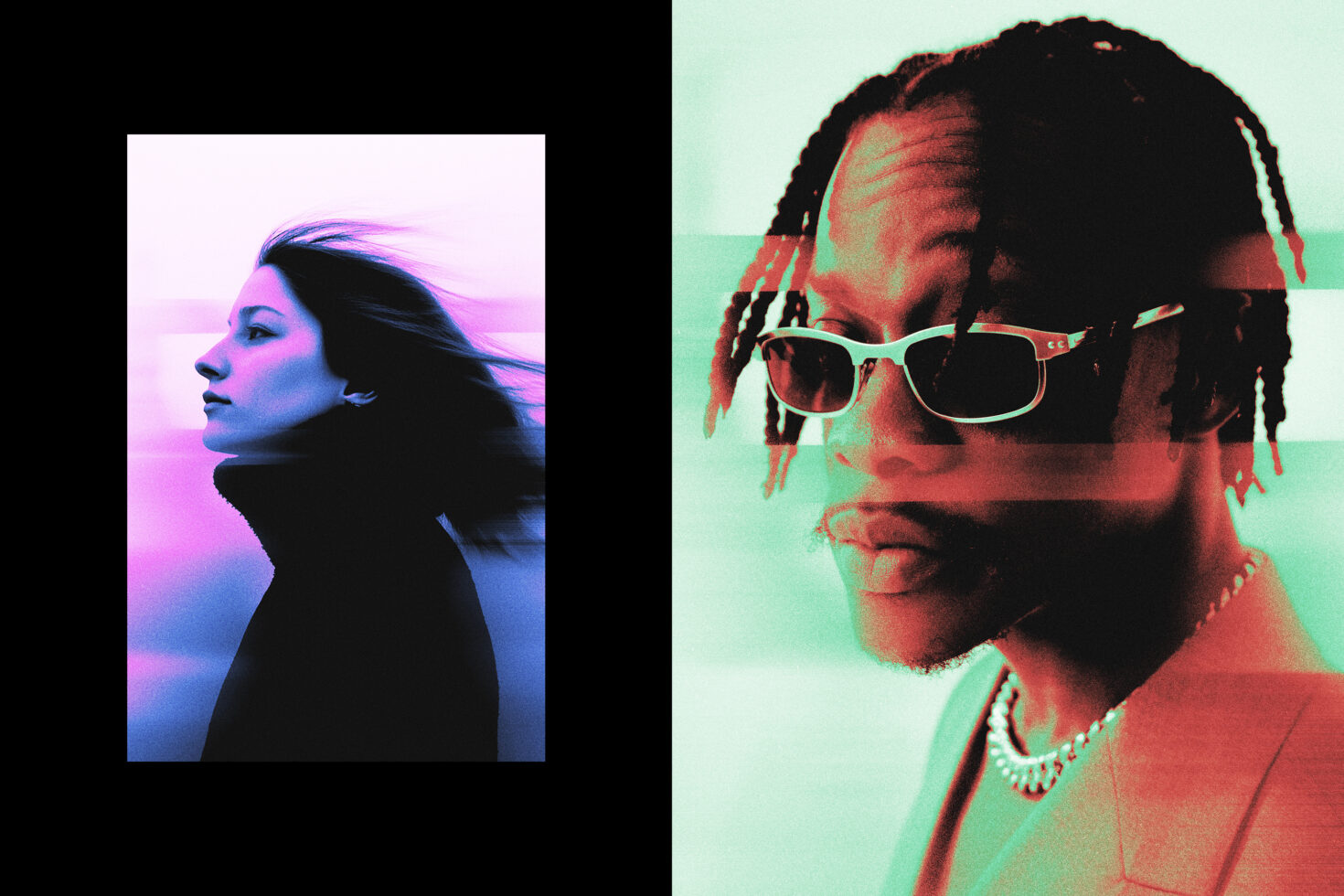 Woman profile shot in pink glow beside man in sunglasses with glitch color effect