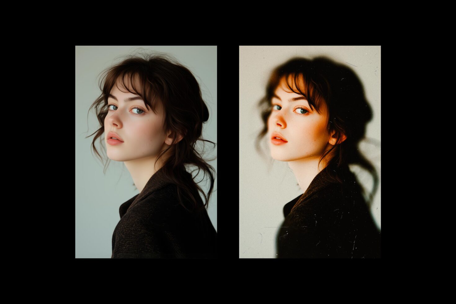 Two before after portrait variations with different color grading treatments compared