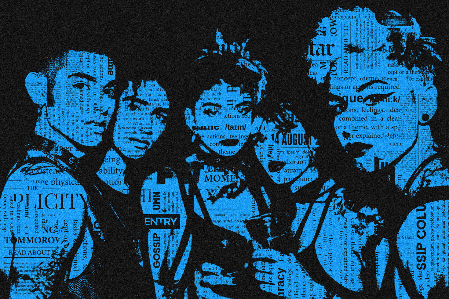 Blue newspaper collage portrait of five people with text layered over faces