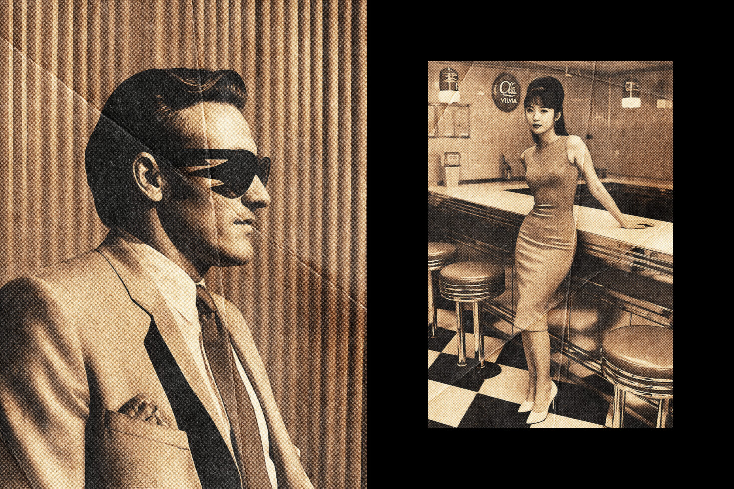 Split vintage portrait of man in sunglasses left, woman at diner right
