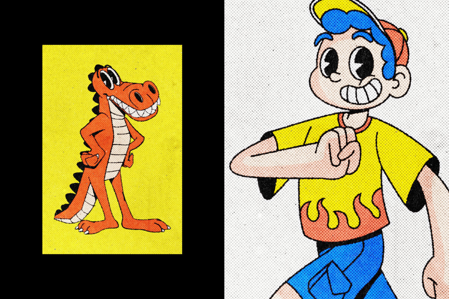 Vintage cartoon dinosaur on yellow background with separate superhero boy holding surfboard