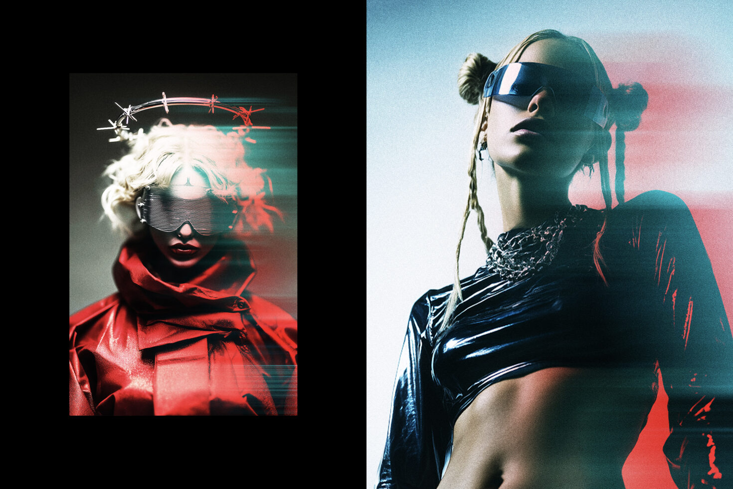 Two fashion portraits with cyberpunk vibes, glitch distortion, neon color overlays