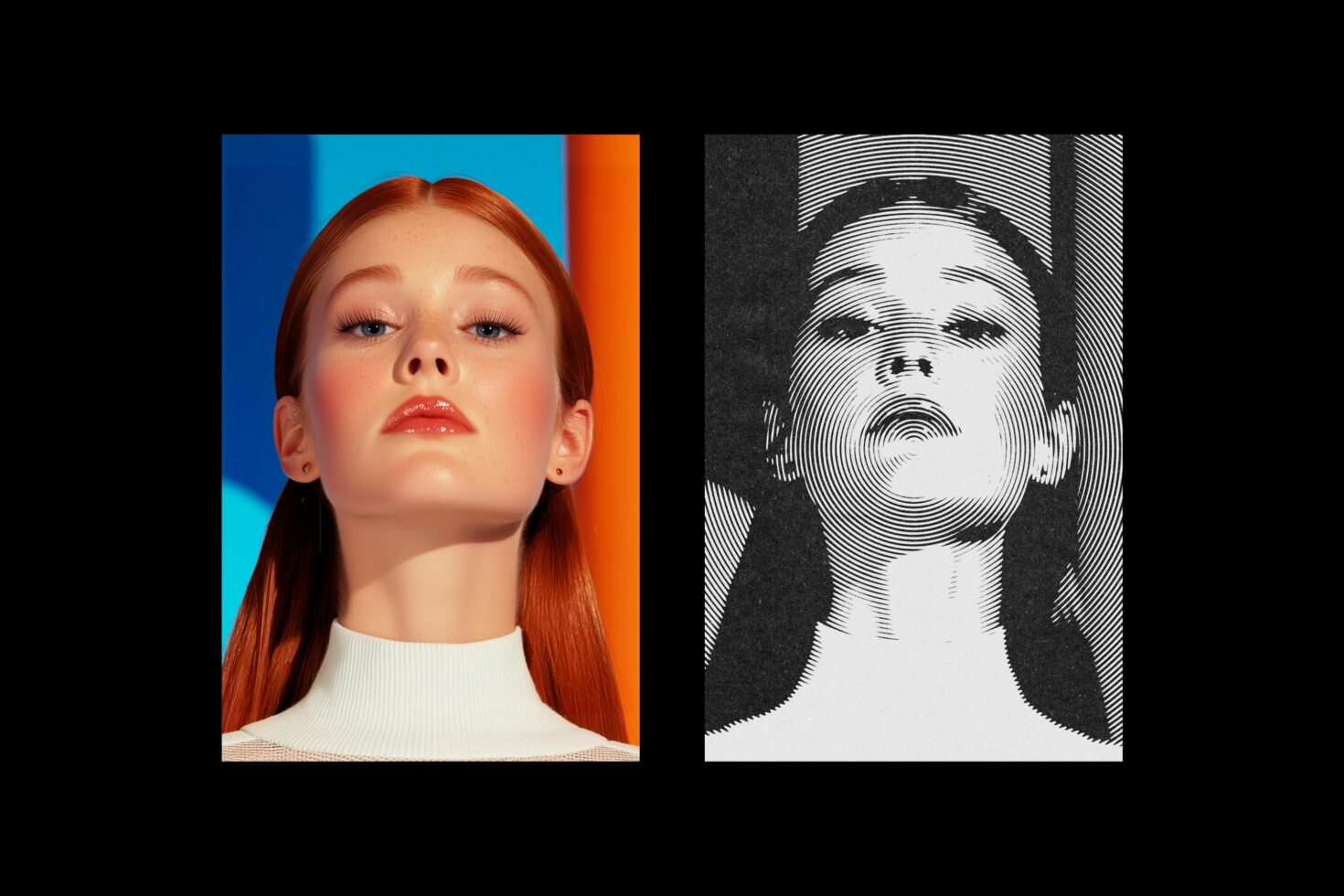 Portrait of redhead girl with blue orange background next to line art version