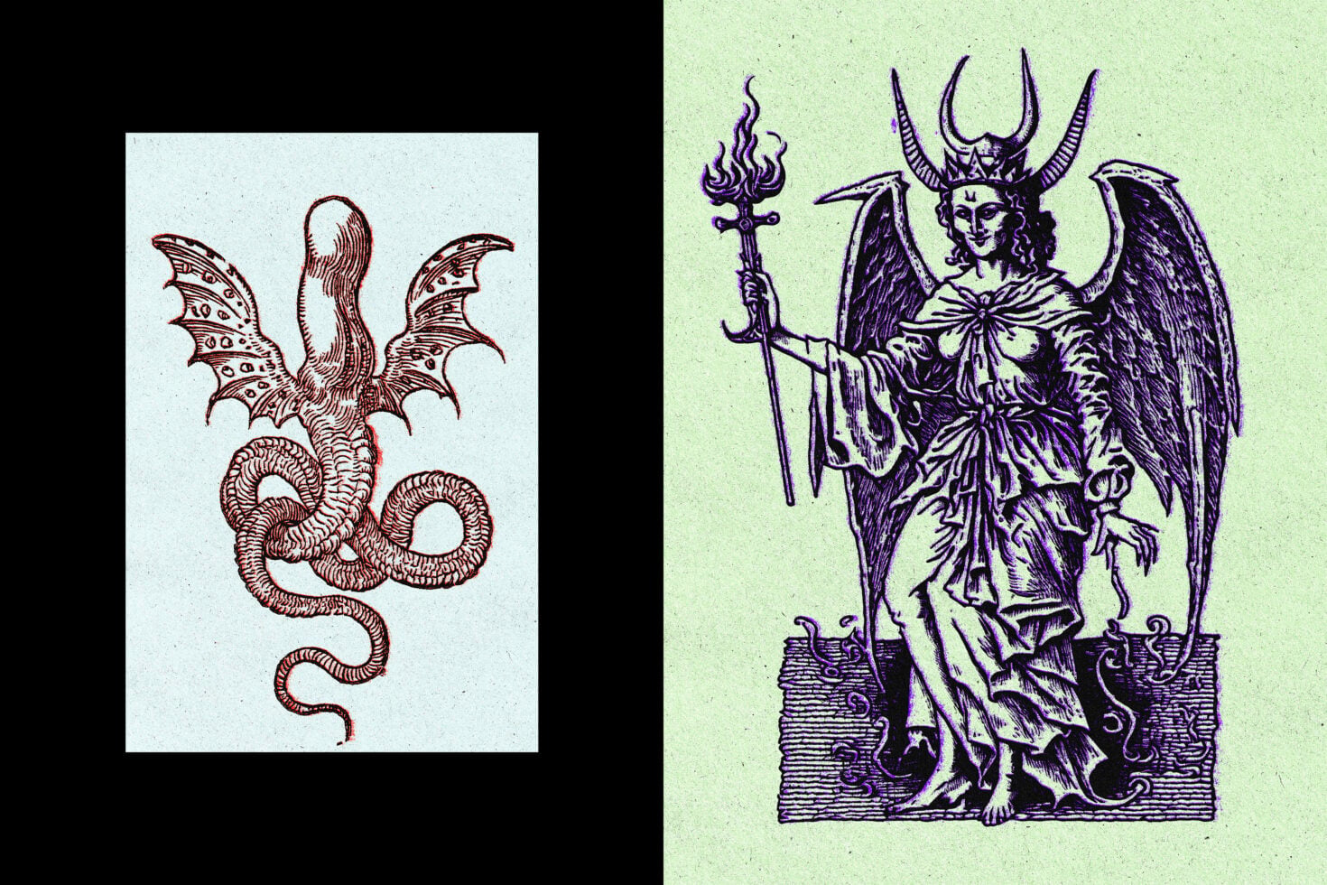 Left shows rust demon with bat wings on blue, right shows purple winged demon with trident horns green