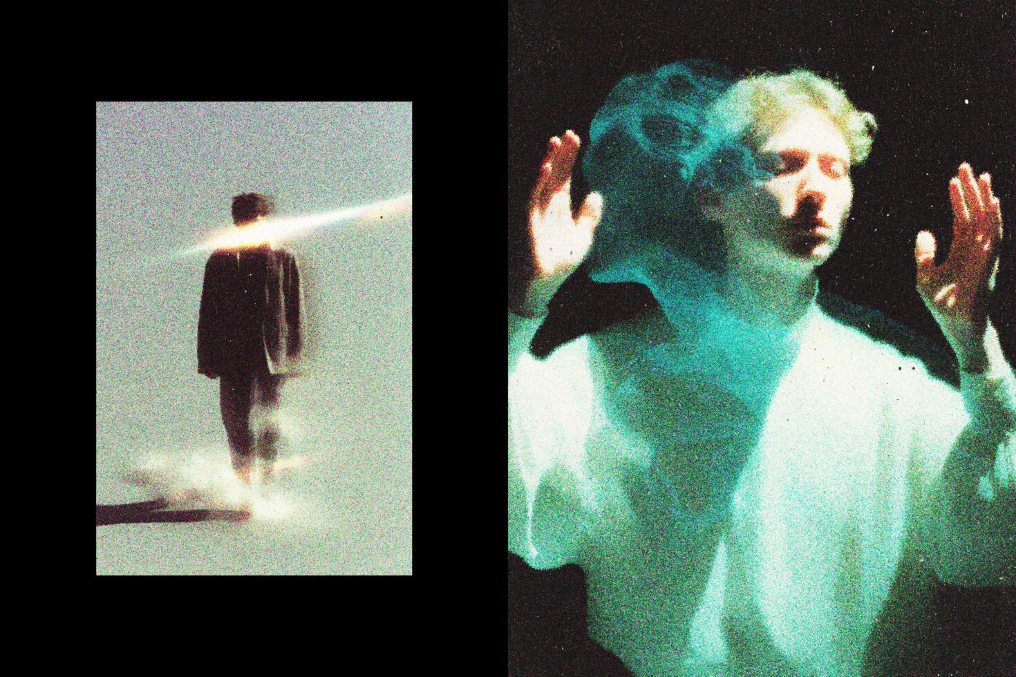 Grainy glitchy portraits with cyan, neon colors overlapping on black