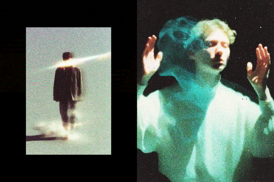 Surreal digital art collage featuring a blurred figure and a person with a blue smoky aura. Ideal for creative graphic design projects and templates.