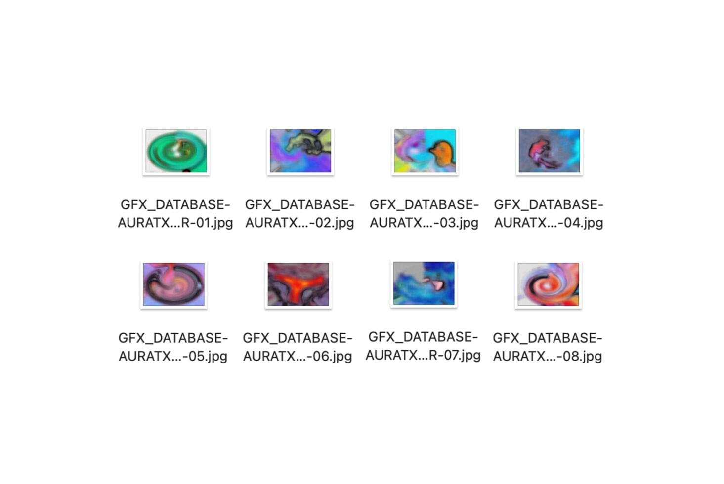 Eight colorful fluid aura swirl thumbnails with vibrant gradient backgrounds