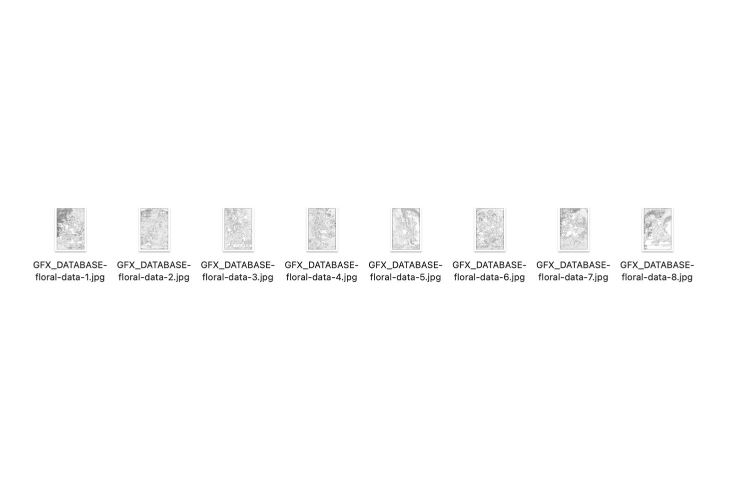 Grid of eight subtle grayscale floral texture samples with file names