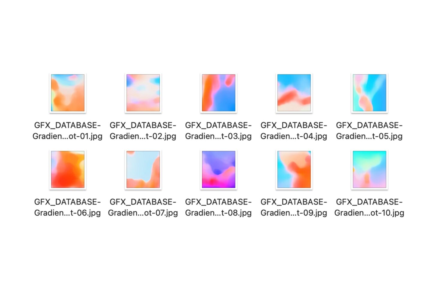 Ten colorful gradient swatches arranged in grid with file names labeled