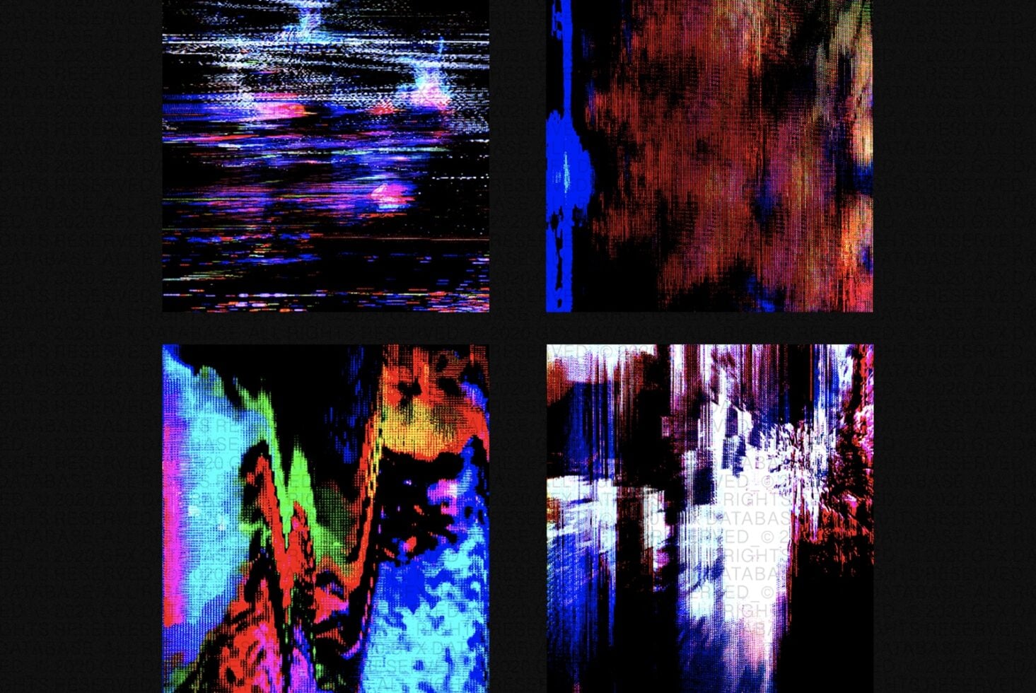 Four glitchy digital texture samples with vertical scanlines in neon colors