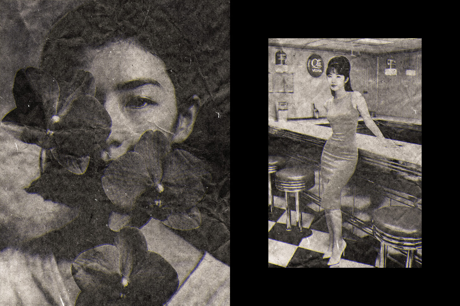 Split screen comparing colorized retro portrait with grainy black white version