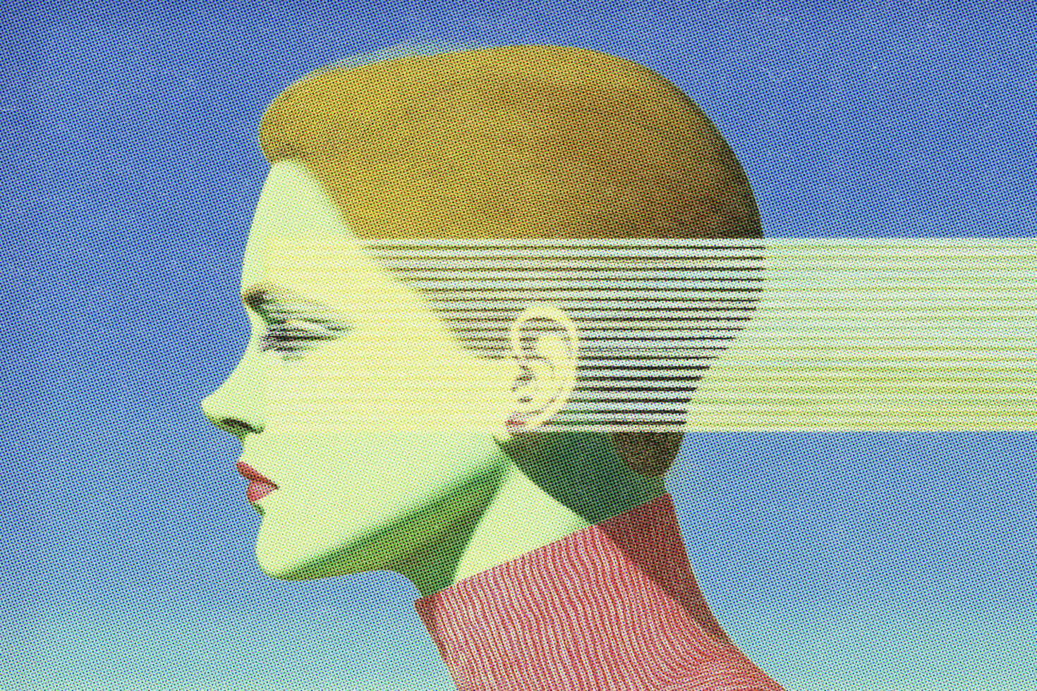 Yellow-haired profile with striped distortion effect on blue background