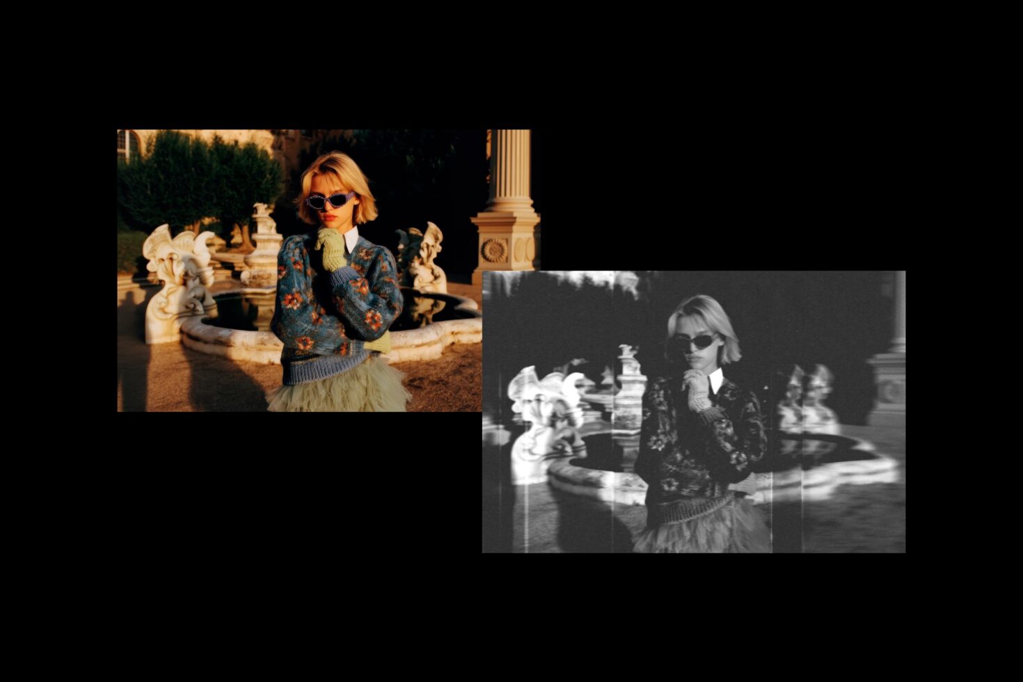Color film frame woman in sunglasses at garden, B&W film frame right overlapped