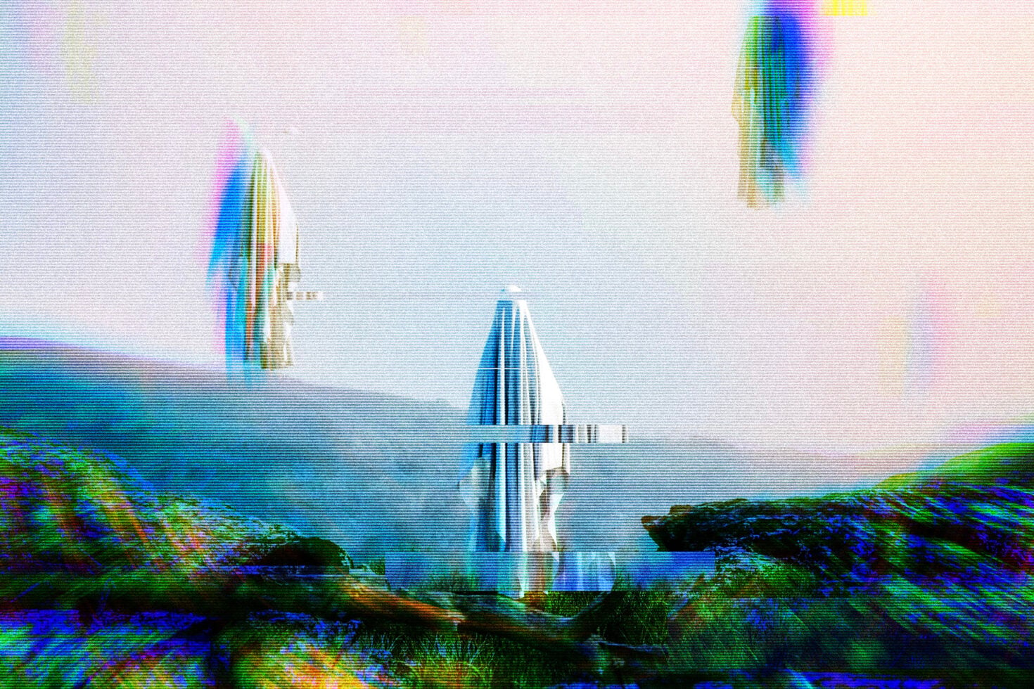 Futuristic tower structure in landscape with horizontal scan line distortion