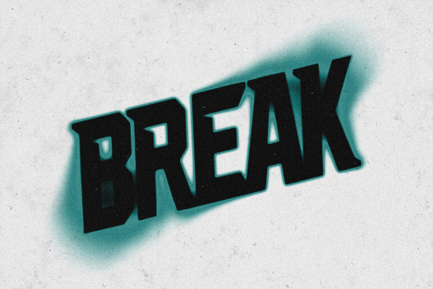 Spray paint stencil text effect with cyan halo blur on white textured surface