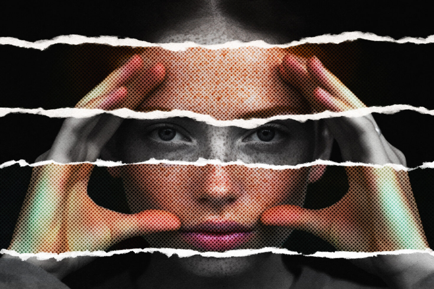 Portrait with horizontal torn strips revealing halftone pattern in rainbow colors