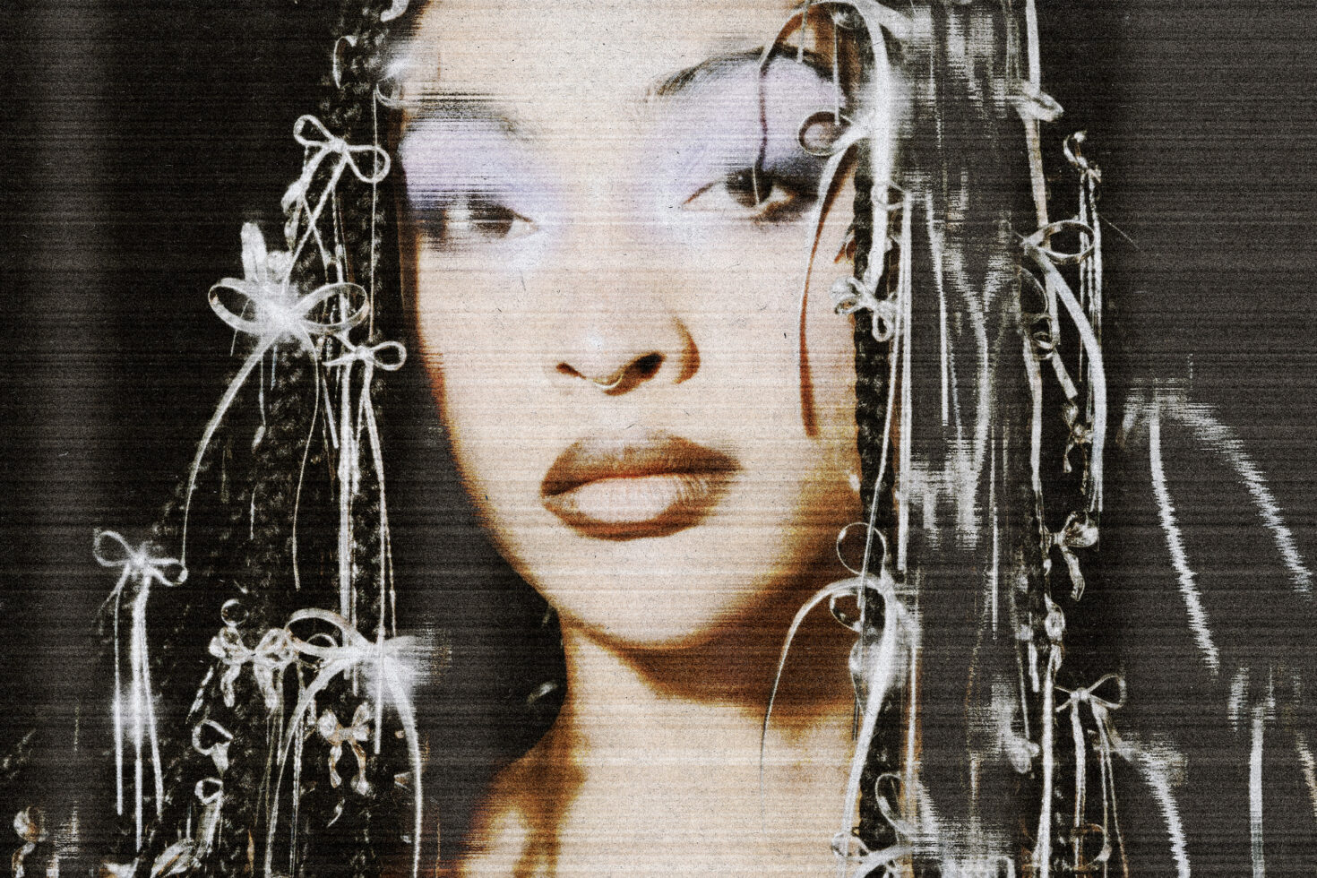 Portrait with decorative line drawn elements overlaying face creating mixed media look