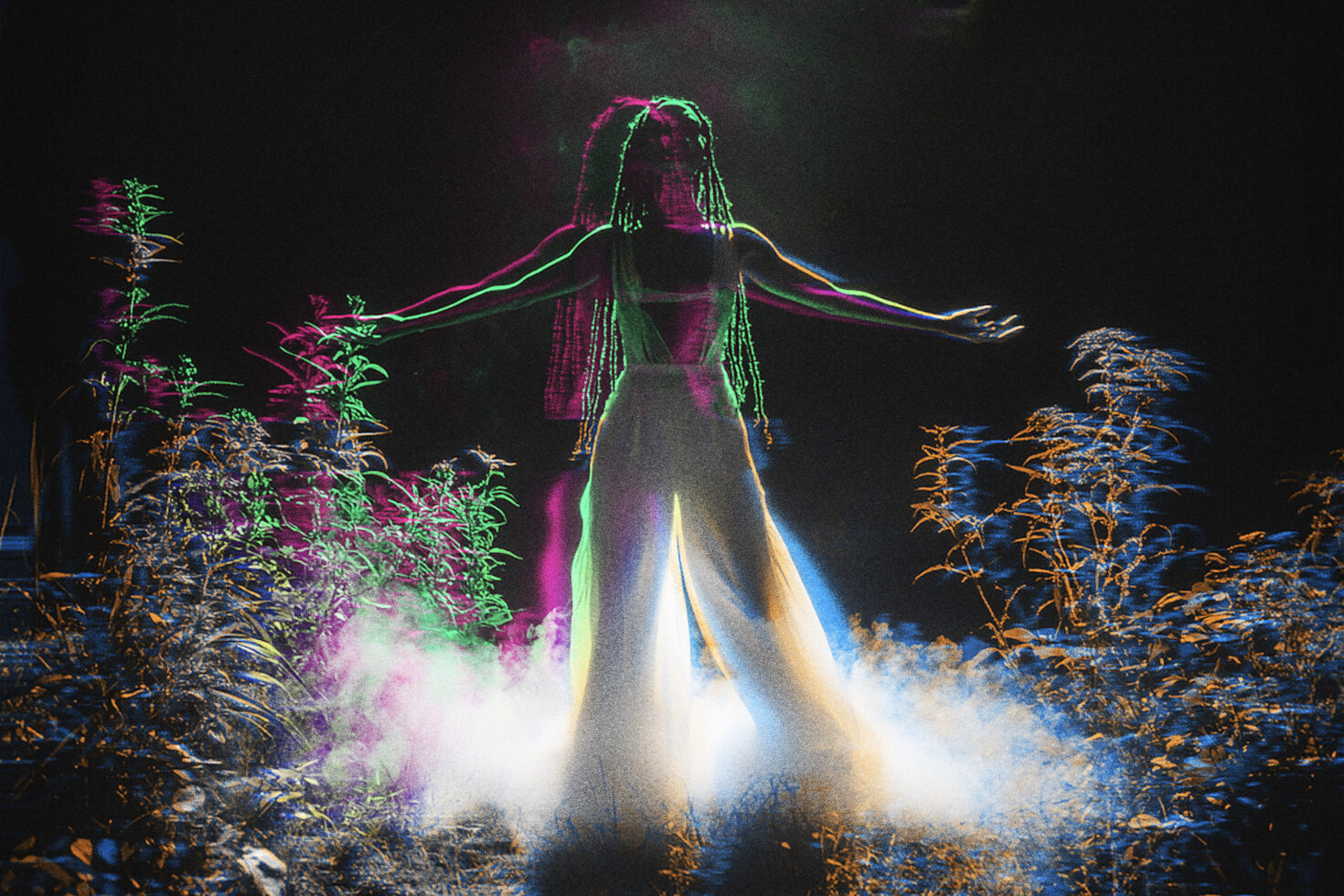 Woman with braids surrounded by plants, neon glitch effect on dark background