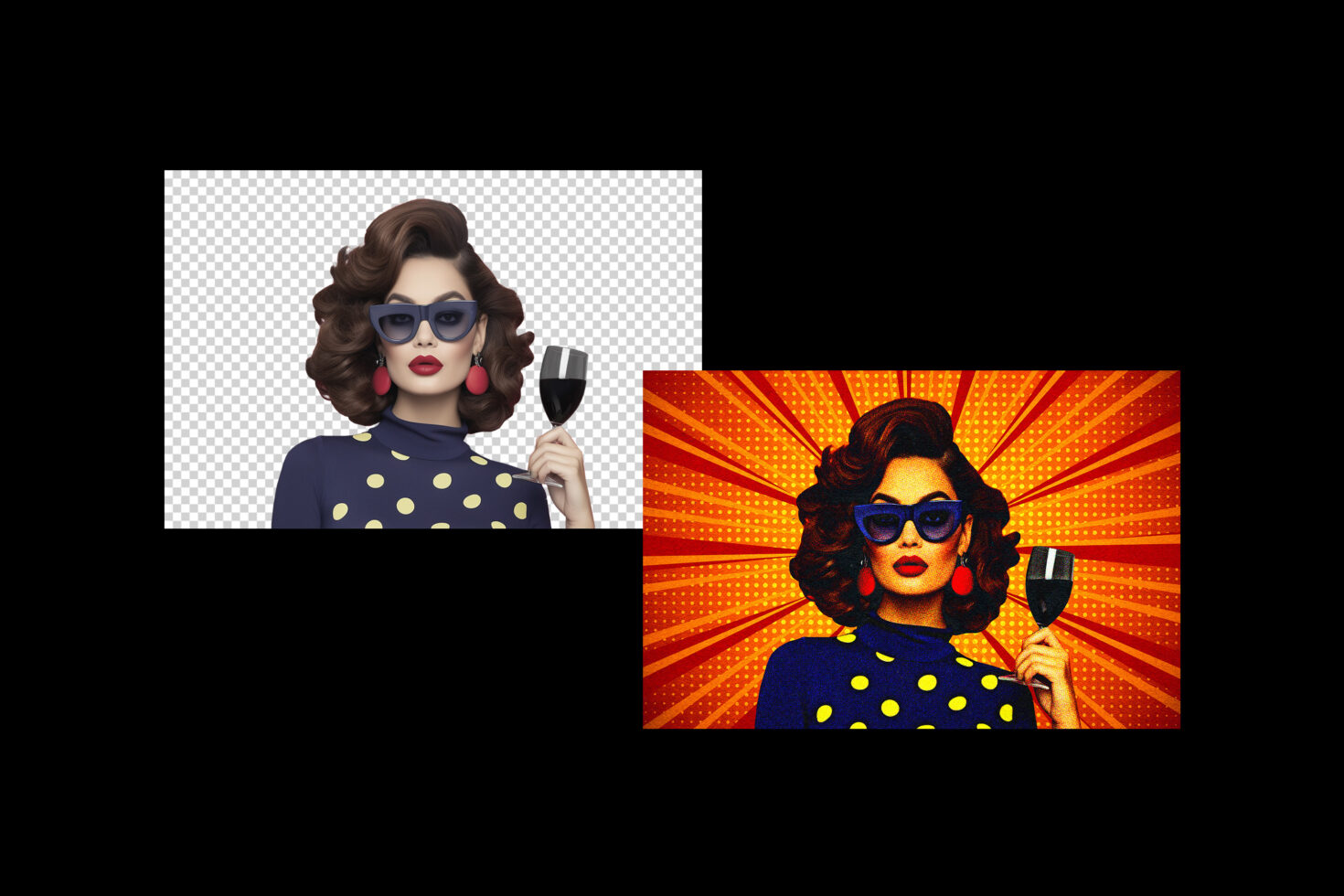 Before after mockup showing woman with champagne glass in two color variations