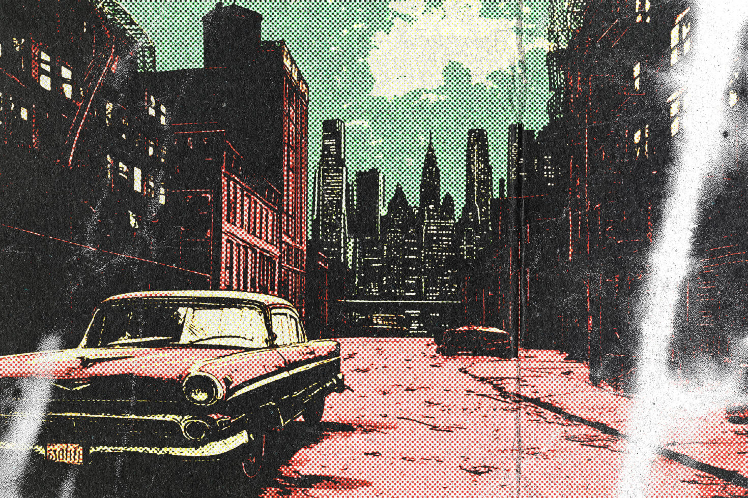Retro cityscape with classic car on road, colorful pop art halftone effect