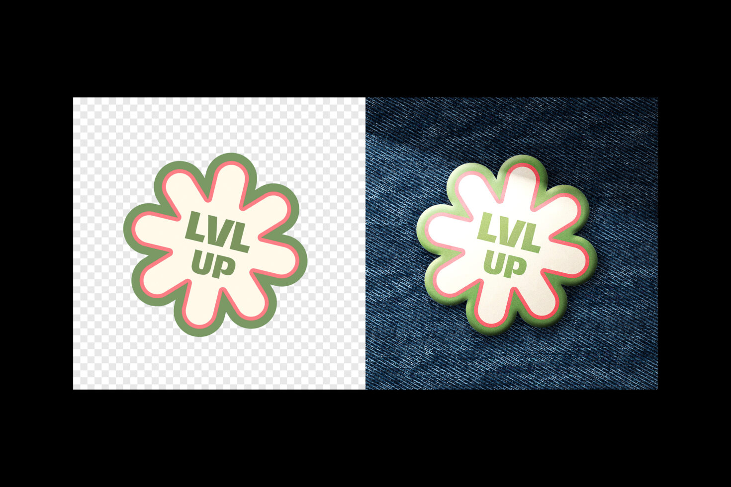 Flower badge template shown on white transparent side, denim fabric side