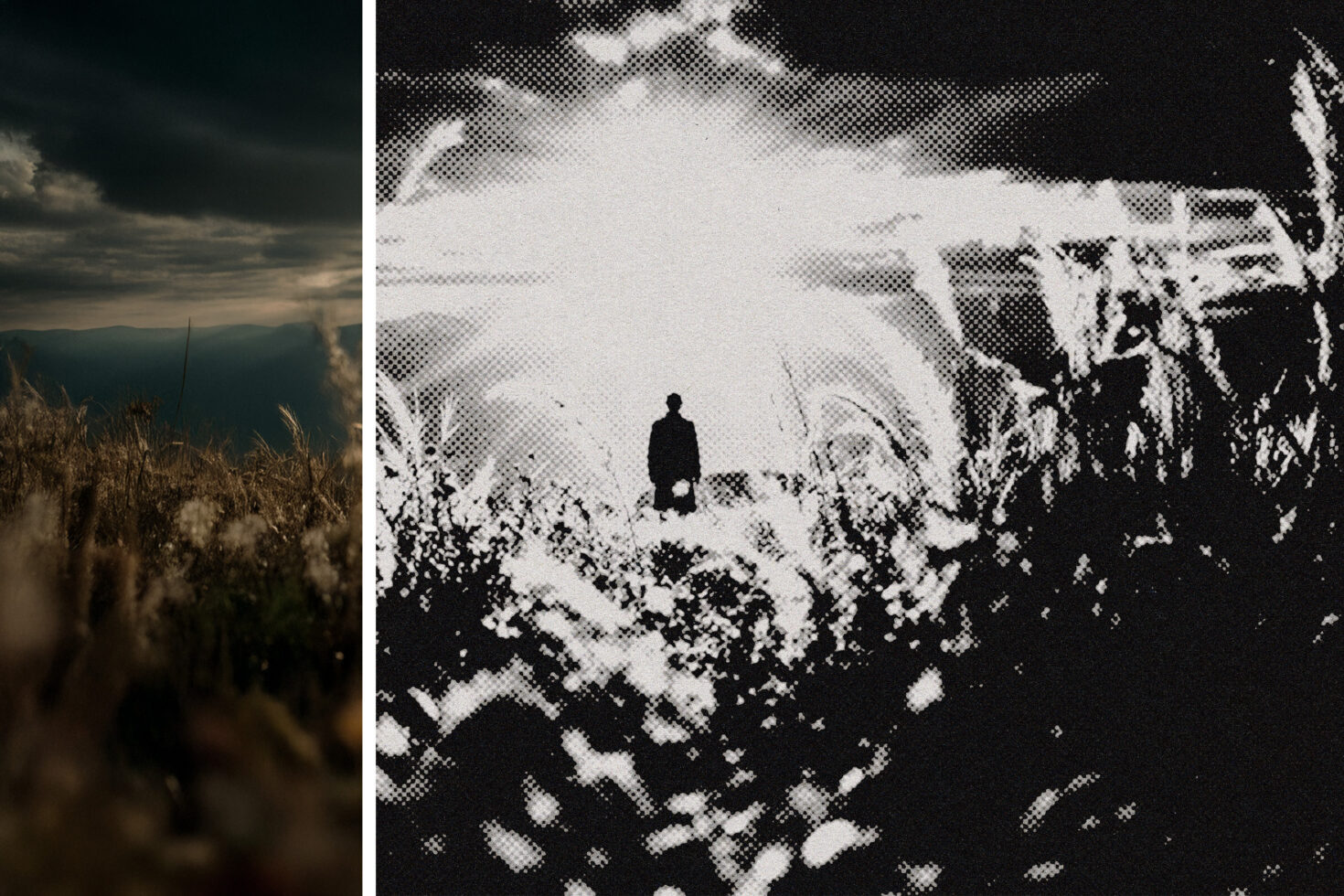 Halftone pixelated photo effect showing solitary figure on coastal landscape