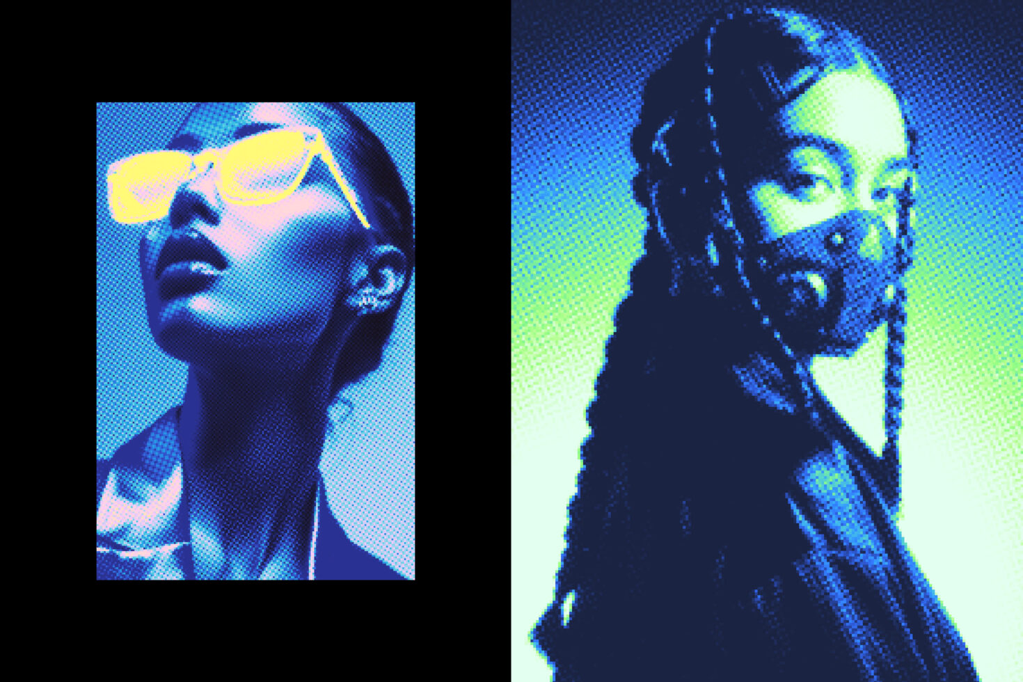 Pixelated portrait split in two with yellow sunglasses on left, neon green lighting on right